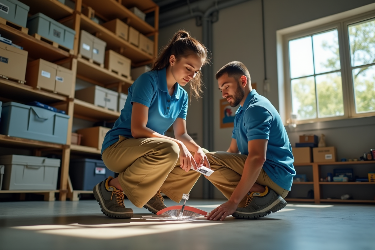 Jeune femme en travail dans un stock ensoleillé et organisé