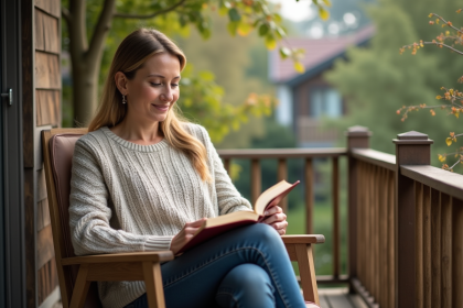 Femme lisant sur un balcon en jardin verdoyant