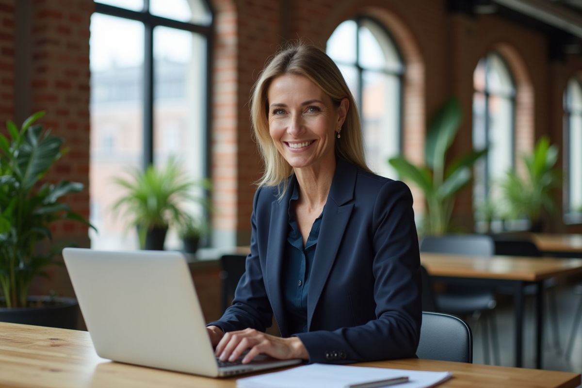 Femme manager en visioconference dans un espace de travail lumineux