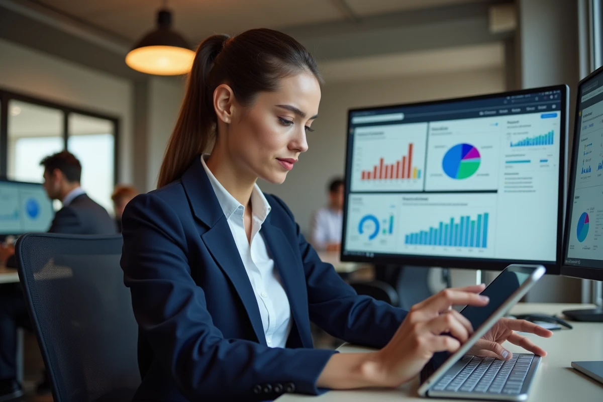Femme professionnelle analysant des tableaux de bord marketing IA sur double écran dans un bureau moderne