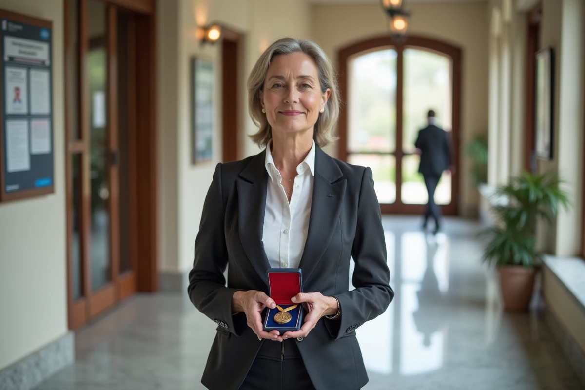 Femme tenant un coffret de m&eacute;daille du travail dans un couloir lumineux