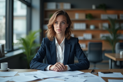 Femme en bureau moderne avec documents sur la table