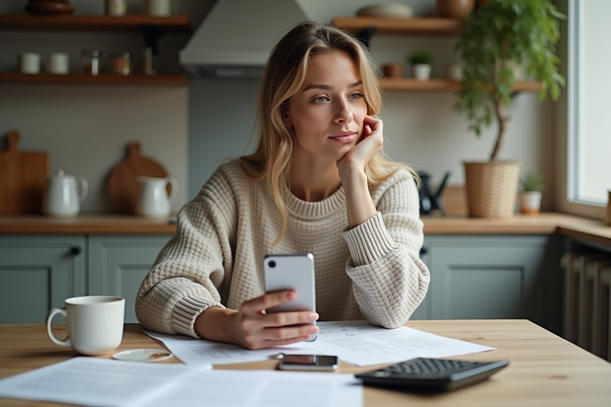 Femme examinant ses documents fiscaux dans une cuisine lumineuse
