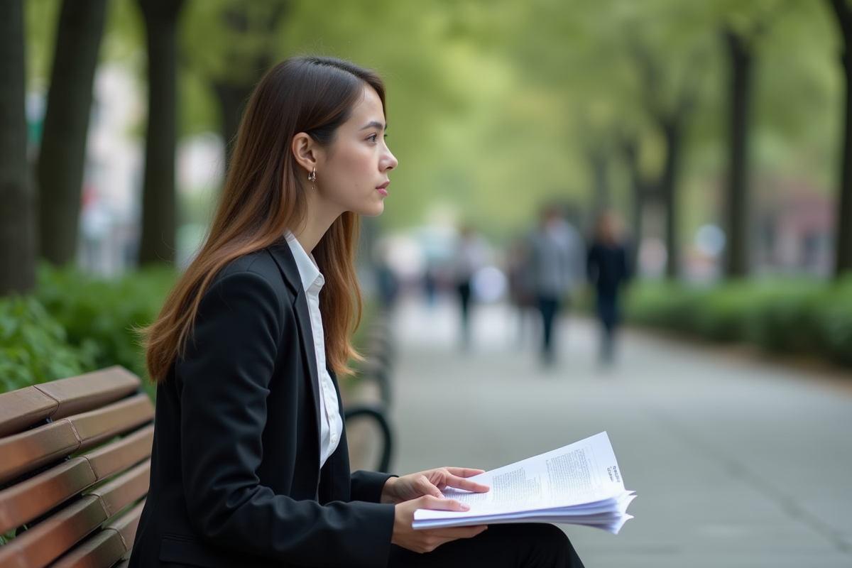 Jeune femme en extérieur avec des rapports dans la main