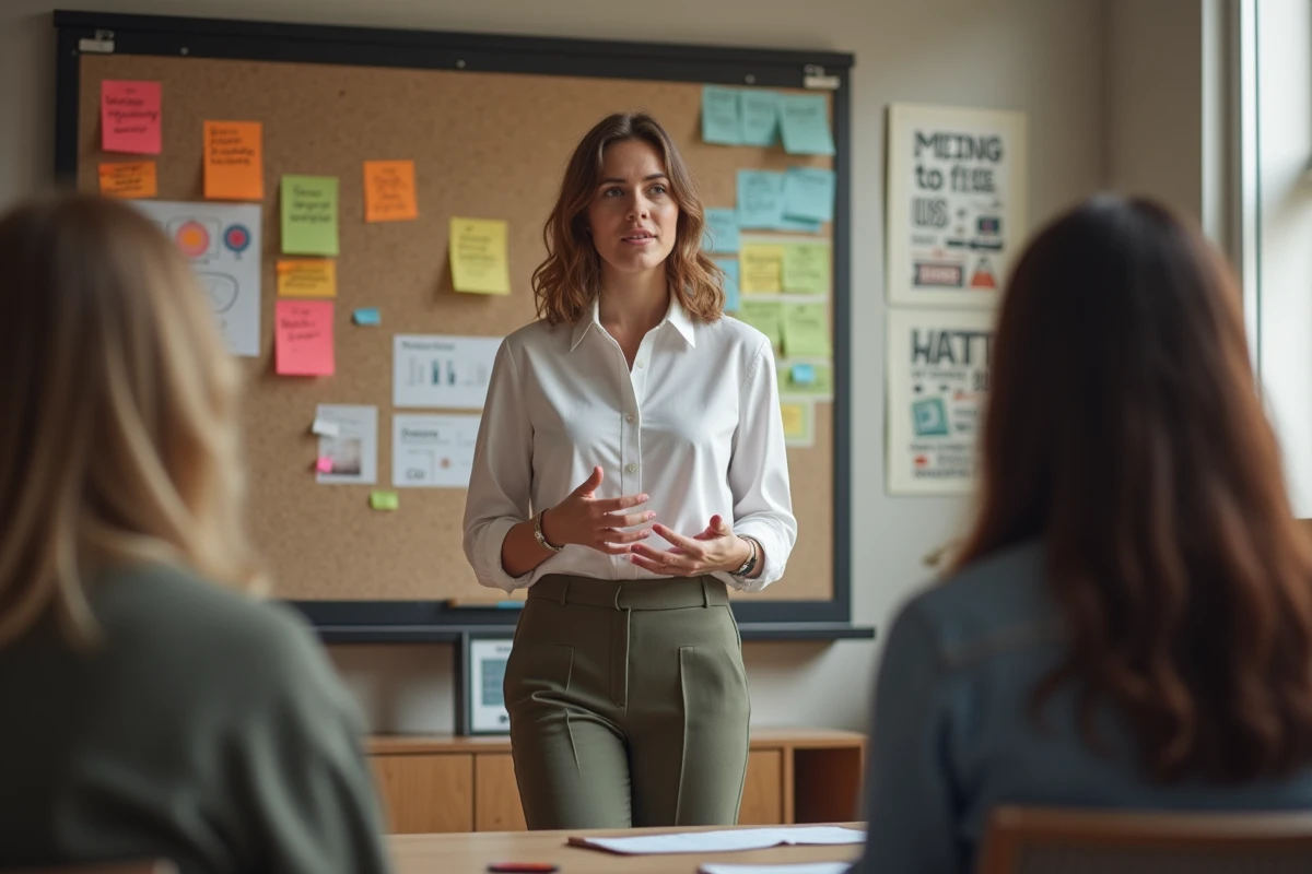 Jeune femme expliquant un tableau avec notes colorées