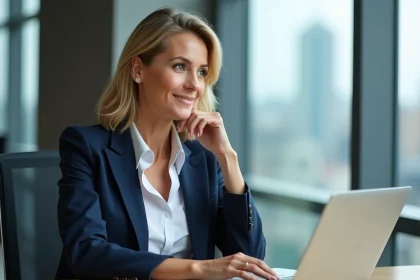 Femme en blazer navy dans un bureau moderne avec vue sur la ville