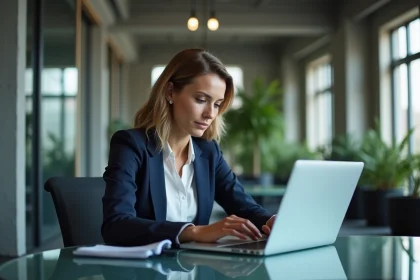 Femme professionnelle consultant Business Mag sur un ordinateur portable dans un bureau moderne pour suivre les tendances du marché
