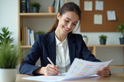 Femme professionnelle en bureau organisant une carte mentale