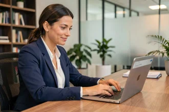 Femme professionnelle rédigeant un mail de relance pour un poste sur son ordinateur portable dans un bureau moderne