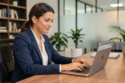 Femme professionnelle rédigeant un mail de relance pour un poste sur son ordinateur portable dans un bureau moderne
