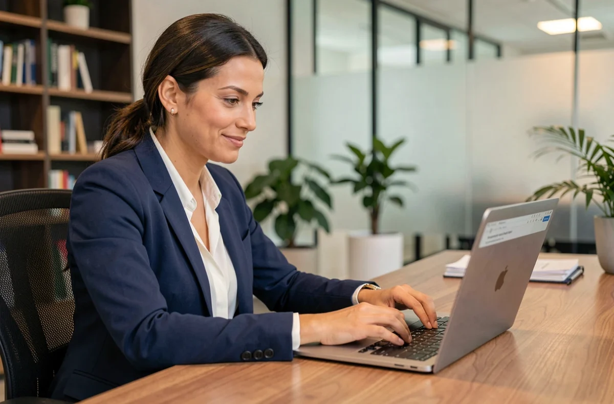 Femme professionnelle rédigeant un mail de relance pour un poste sur son ordinateur portable dans un bureau moderne