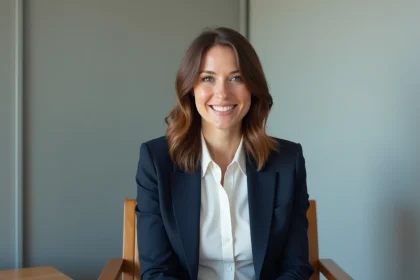 Femme en blazer blanc souriante dans un bureau moderne