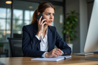 Femme en blazer parlant au téléphone dans un bureau moderne