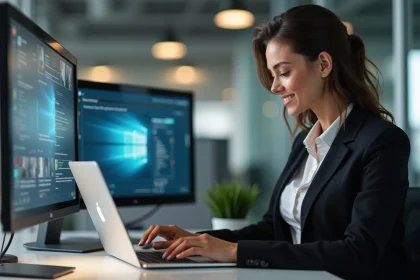 Femme professionnelle en bureau moderne utilisant un ordinateur