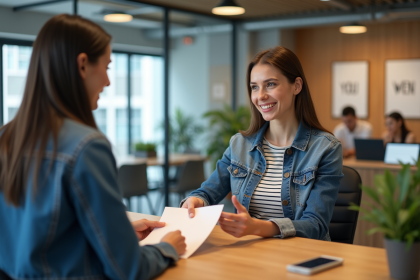 Jeune femme au bureau de reception avec demande
