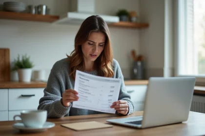 Femme examinant un relevé bancaire avec une erreur de prélèvement SGC Calais à la table de cuisine