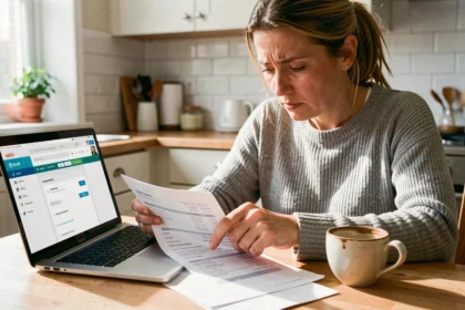 Femme inquiète examinant un relevé bancaire avec une transaction inconnue Infinite Remit Services Co