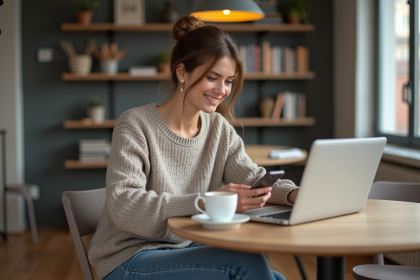 Femme souriante utilisant un ordinateur dans son salon moderne