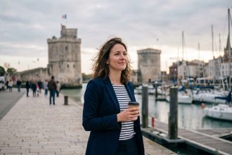 Femme en tenue casual sur le port de La Rochelle