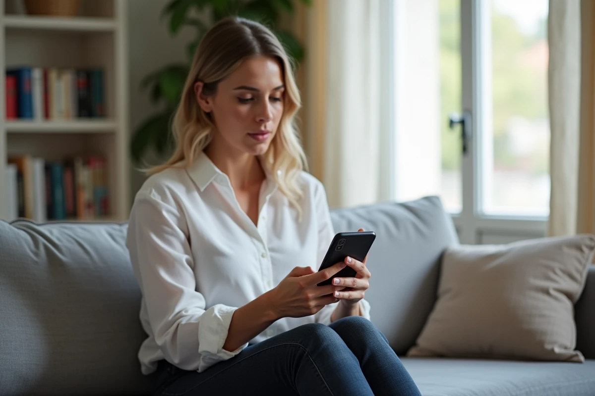 Femme contestant un prélèvement SGC Calais via une application bancaire sur smartphone depuis son domicile