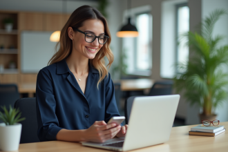 Jeune femme souriante utilisant son smartphone au bureau