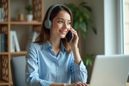 Femme au téléphone cherchant le numéro de service client Geodis depuis son bureau à domicile