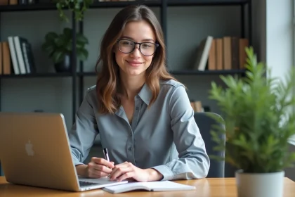 Jeune femme concentr&eacute;e travaillant &agrave; son bureau avec un ordinateur
