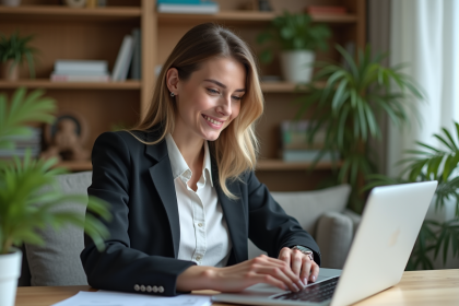 Jeune femme au bureau en train de soumettre une candidature