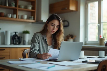 Femme concentr&eacute;e travaillant &agrave; domicile avec documents et ordinateur