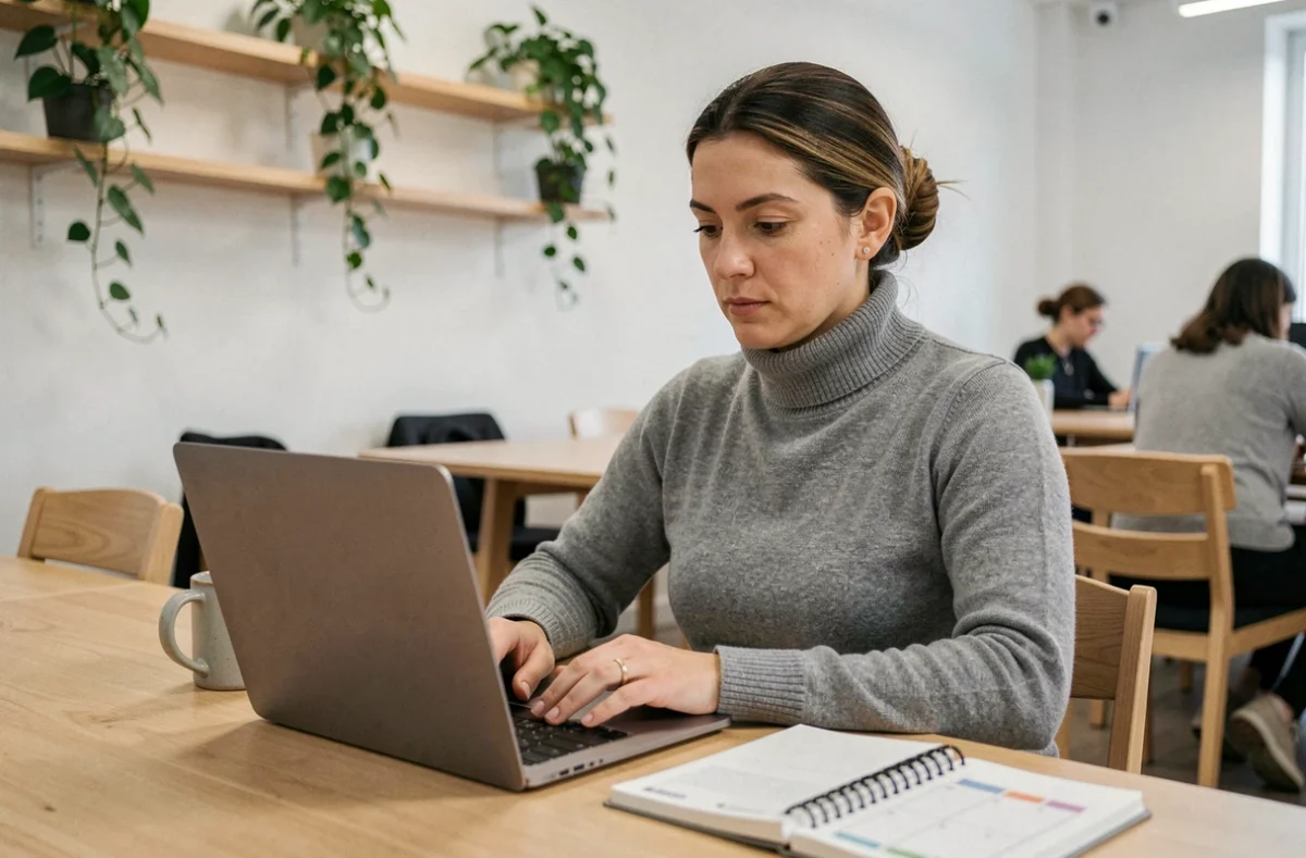 Femme concentrée travaillant seule dans un espace de coworking lumineux avec plantes et mobilier en chêne
