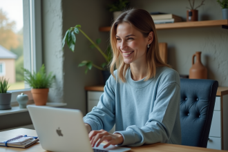 Femme en visioconference dans un bureau à domicile