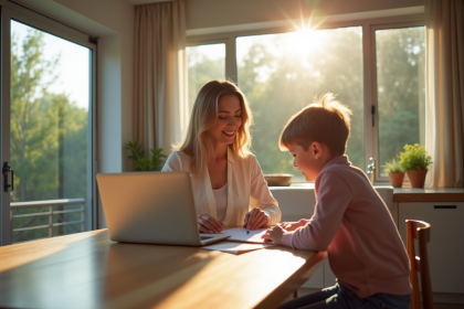 Femme d affaires travaillant à la maison avec un enfant