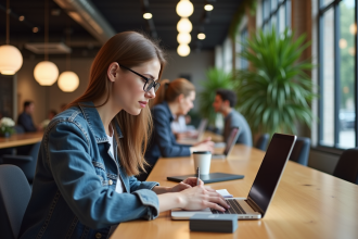 Jeune femme au travail à Station F avec ordinateur