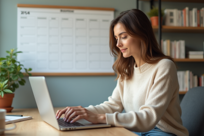 Femme en tenue décontractée tapant un email sur son ordinateur portable