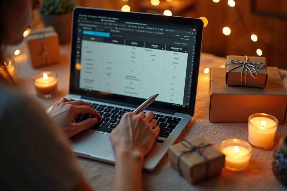 Mains remplissant un formulaire de vente en ligne avec bougies et colis