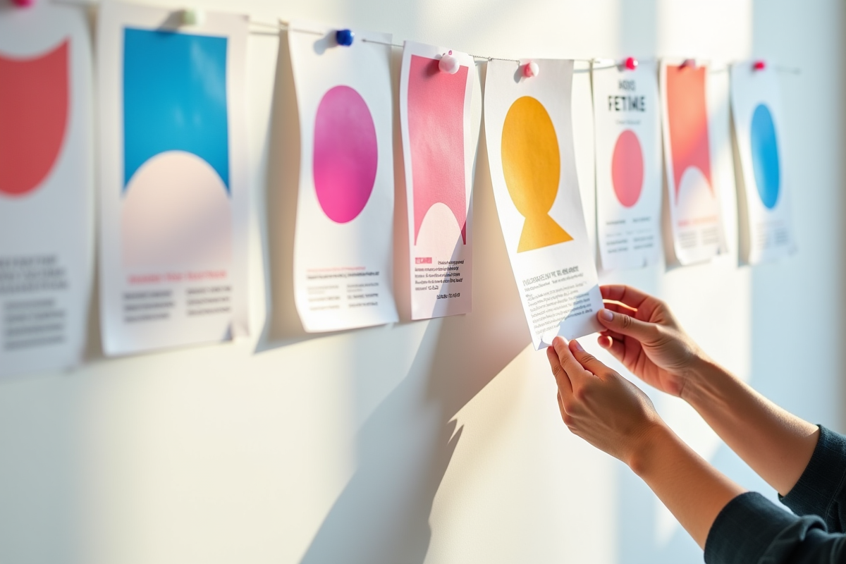 Flyers vibrants avec formes uniques affichés sur un mur blanc