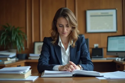 Fonctionnaire femme qui consulte un dossier administratif sur les horaires de travail dans un bureau de la fonction publique
