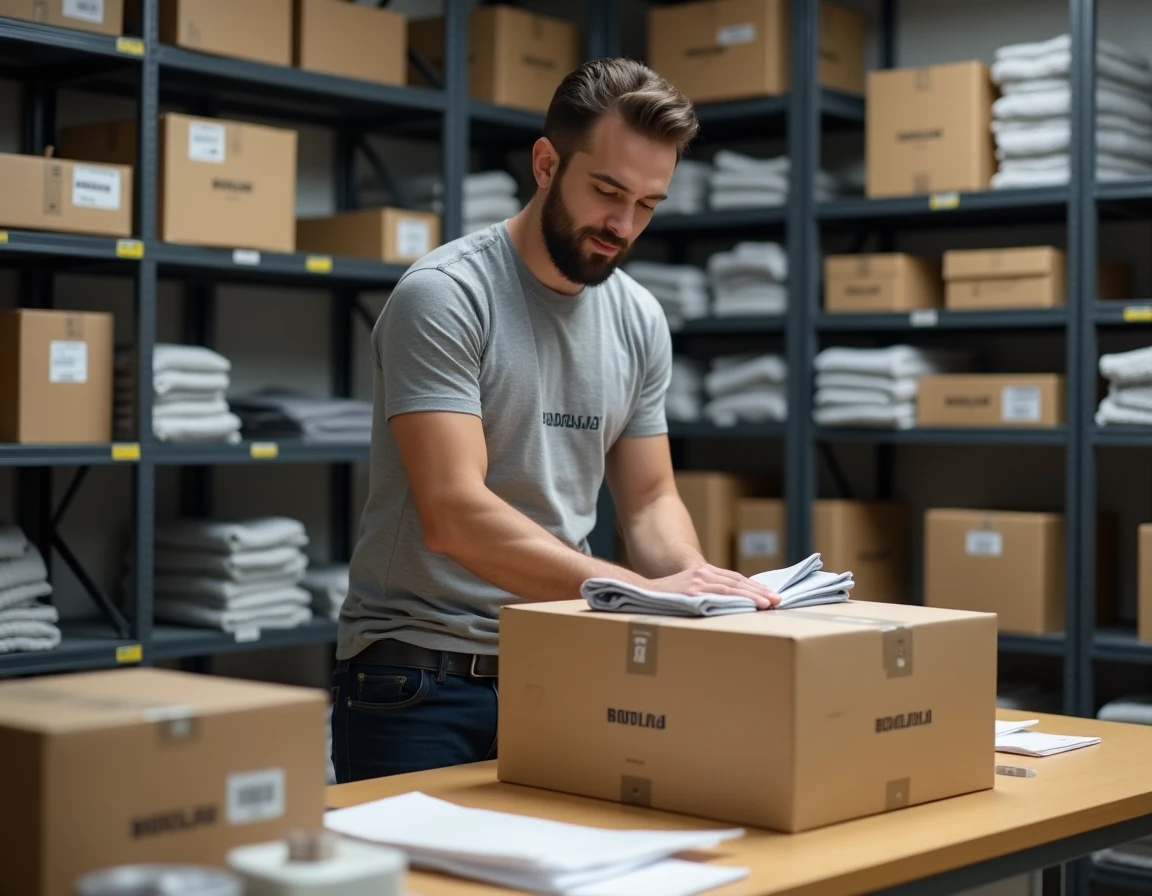 Fondateur de la marque BODLAV emballant des commandes dans un entrepôt e-commerce, représentant la croissance opérationnelle d'une marque née en Roumanie