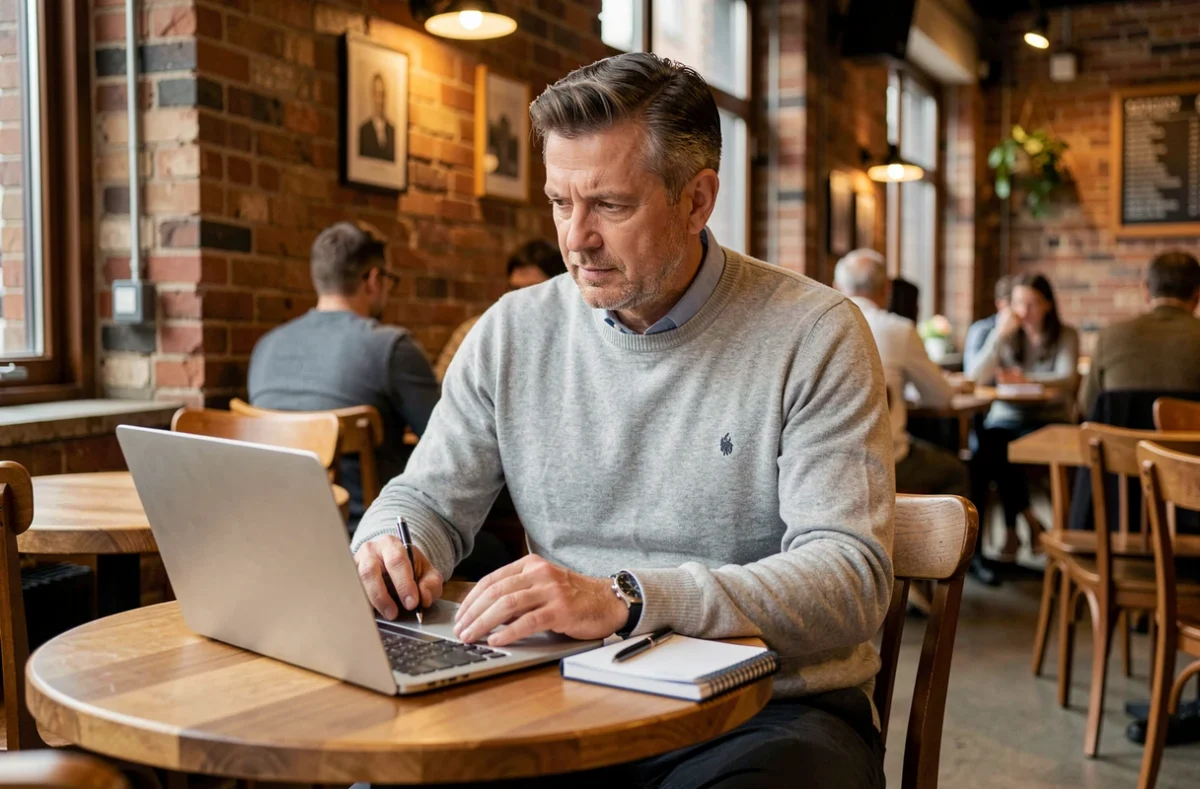 Freelance en portage salarial travaillant sur son ordinateur dans un café urbain