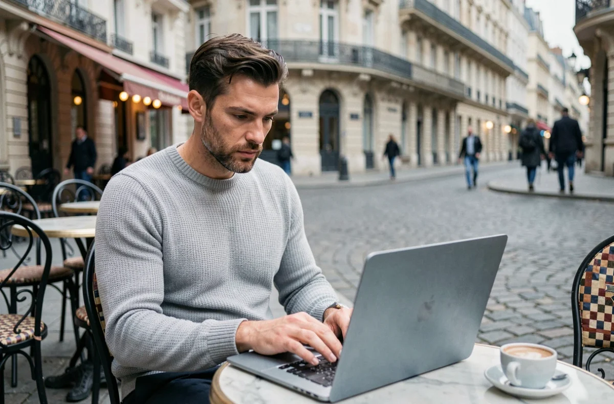 Professionnel en portage salarial travaillant en télétravail depuis une terrasse de café à Versailles