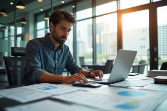 Chef d'entreprise analysant des documents financiers dans un bureau lumineux