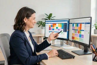 Professionnelle gérant plusieurs agendas en ligne sur des écrans d'ordinateur dans un bureau moderne