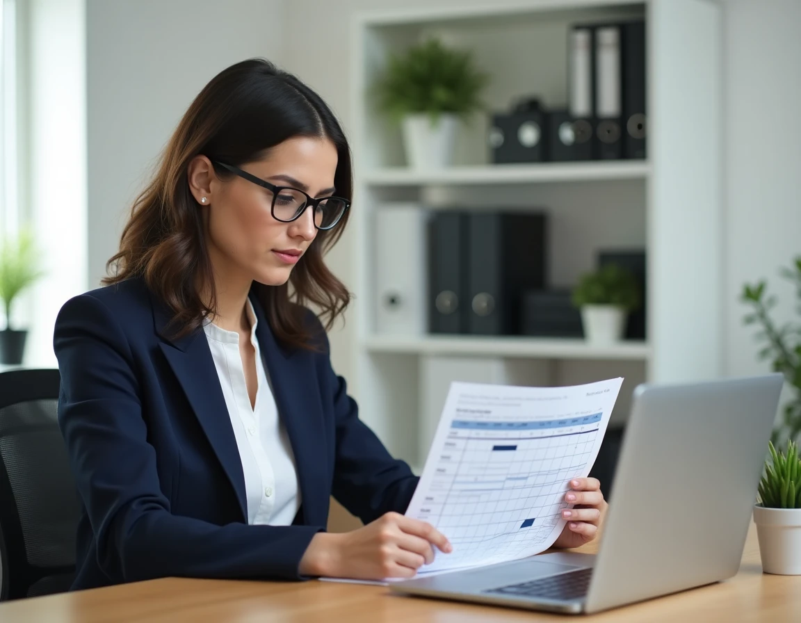 Femme professionnelle gérant un planning Smartbox sur ordinateur et calendrier papier dans un bureau organisé