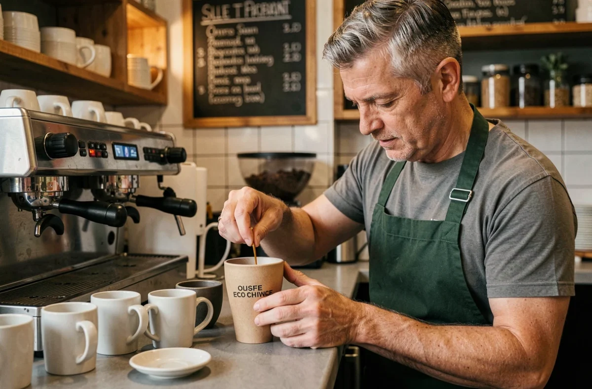 Barista remplissant un gobelet écologique personnalisé en matière recyclée dans un café indépendant, illustrant le coût et l'usage professionnel des gobelets durables