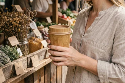 Femme tenant un gobelet écologique en bambou personnalisé sur un marché bio, illustration du prix et de la durabilité des gobelets réutilisables