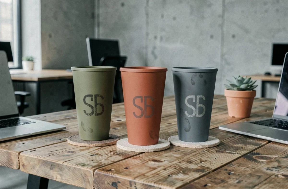 Trio de gobelets réutilisables personnalisés en matières écologiques posés sur une table en bois recyclé dans un espace de coworking moderne