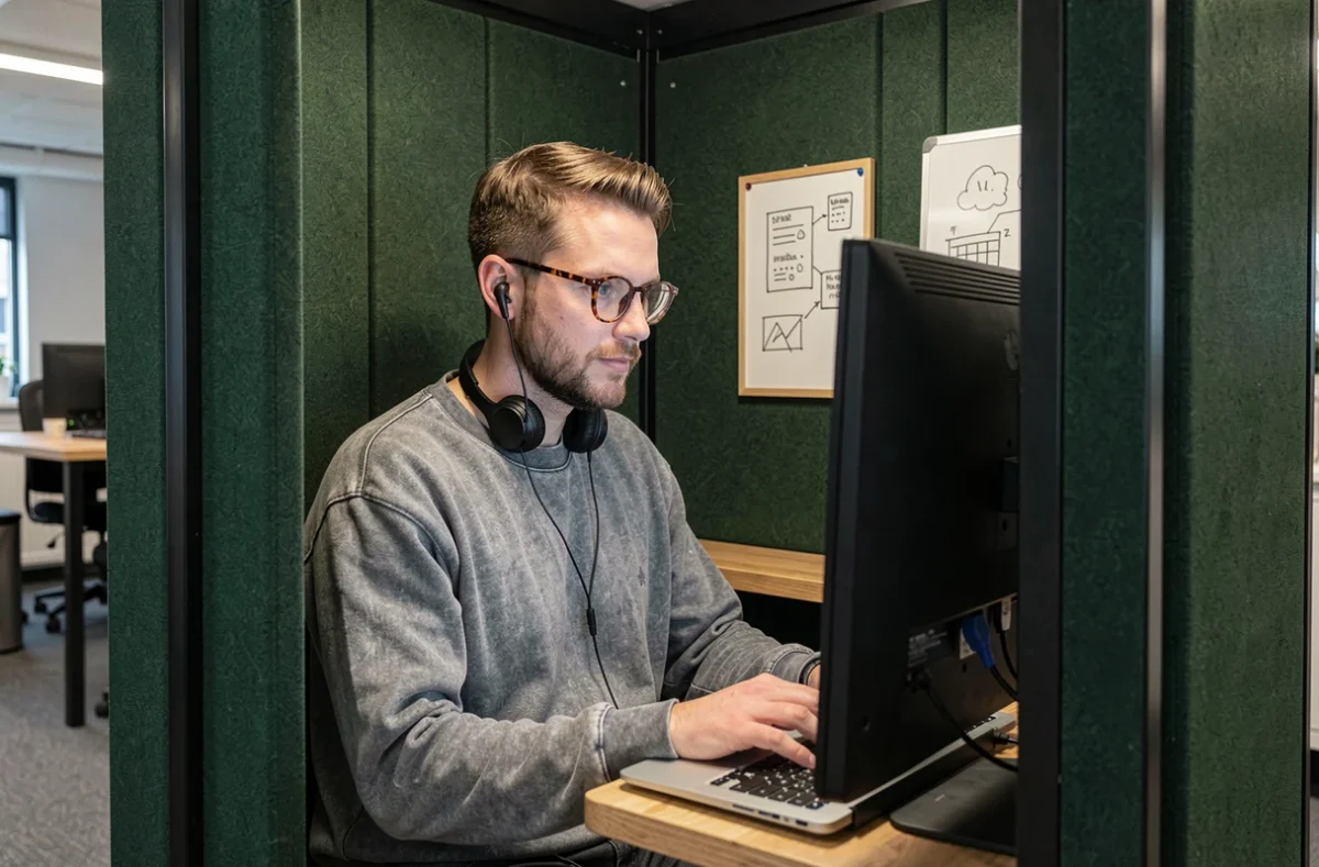 Graphiste freelance travaillant dans une cabine phonique insonorisée d'un espace de coworking à Lille