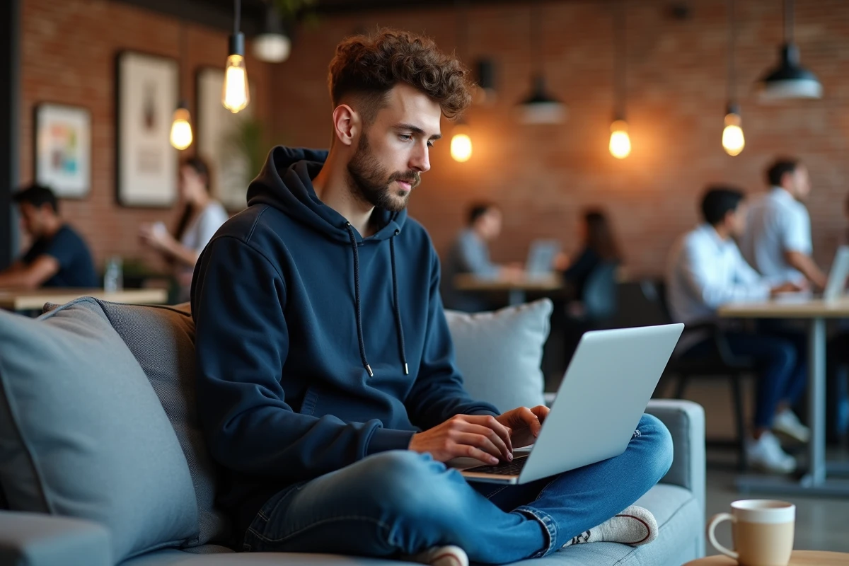 Jeune graphiste utilisant Envato Elements sur son laptop dans un espace de coworking moderne