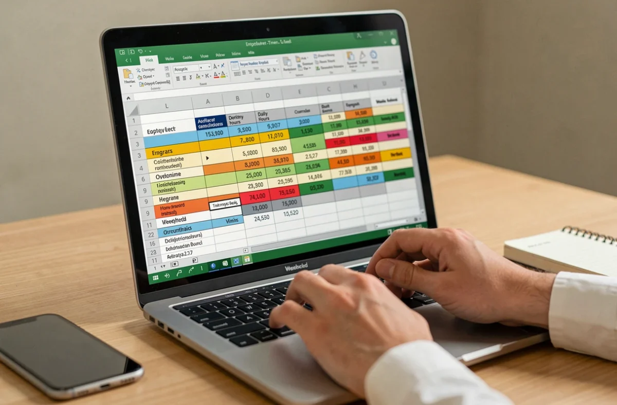 Gros plan d'un écran d'ordinateur affichant un tableau Excel de suivi des heures de travail avec calculs automatiques