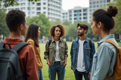 Groupe divers en discussion dans un parc urbain